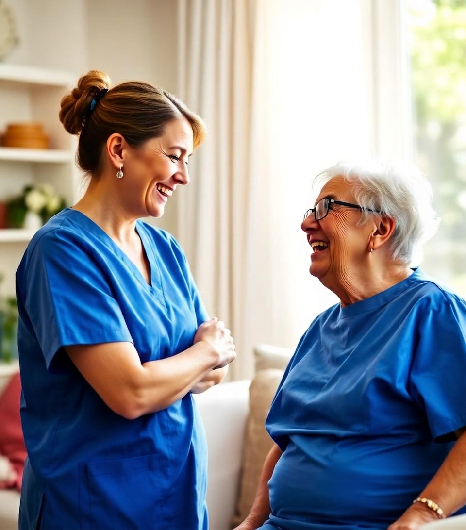 Carer in blue uniform laughing with a senior client