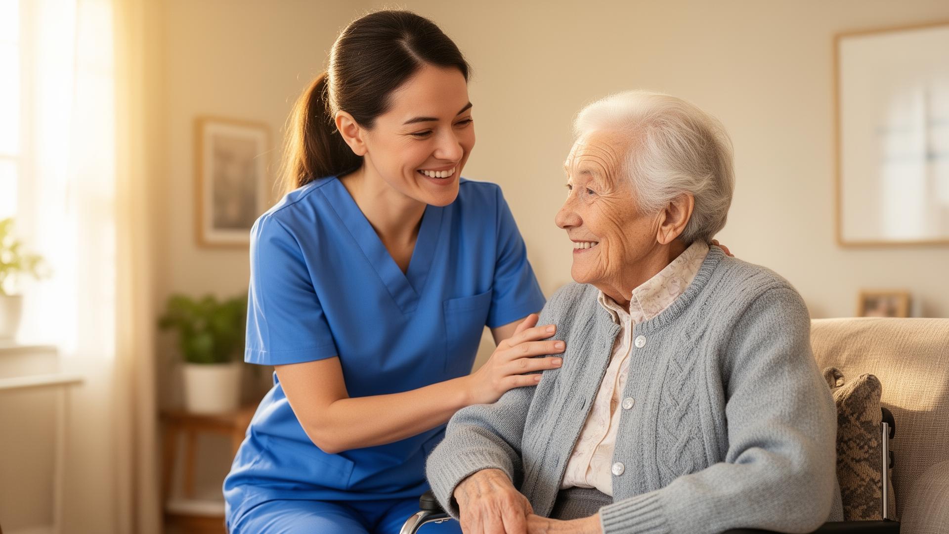 Compassionate carer in blue uniform supporting an elderly client